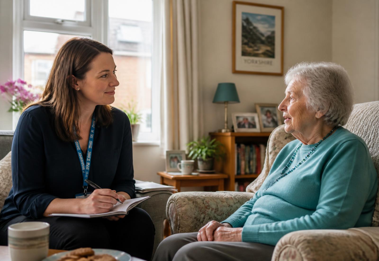 Social worker from ELH Social Work speaking with an older woman in her home